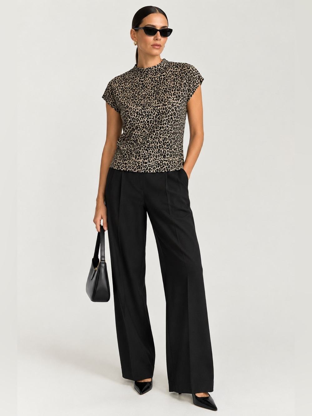 Ann Mashburn Animal Print Mock Neck Metallic Knit Blouse Size Small